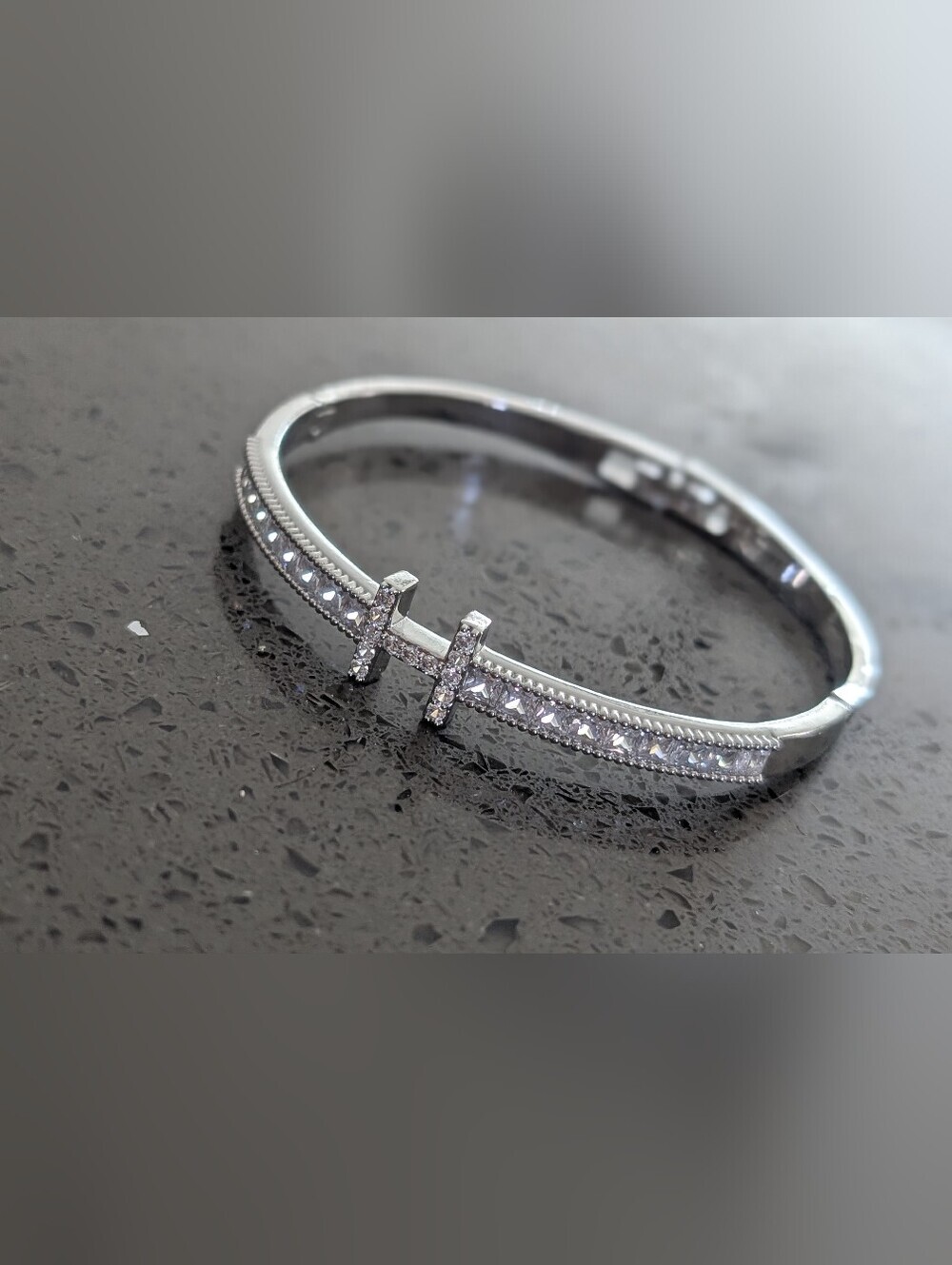Polished Silver Cross Accent Crystal Bangle Bracelet Hermes Style Silver Bracele